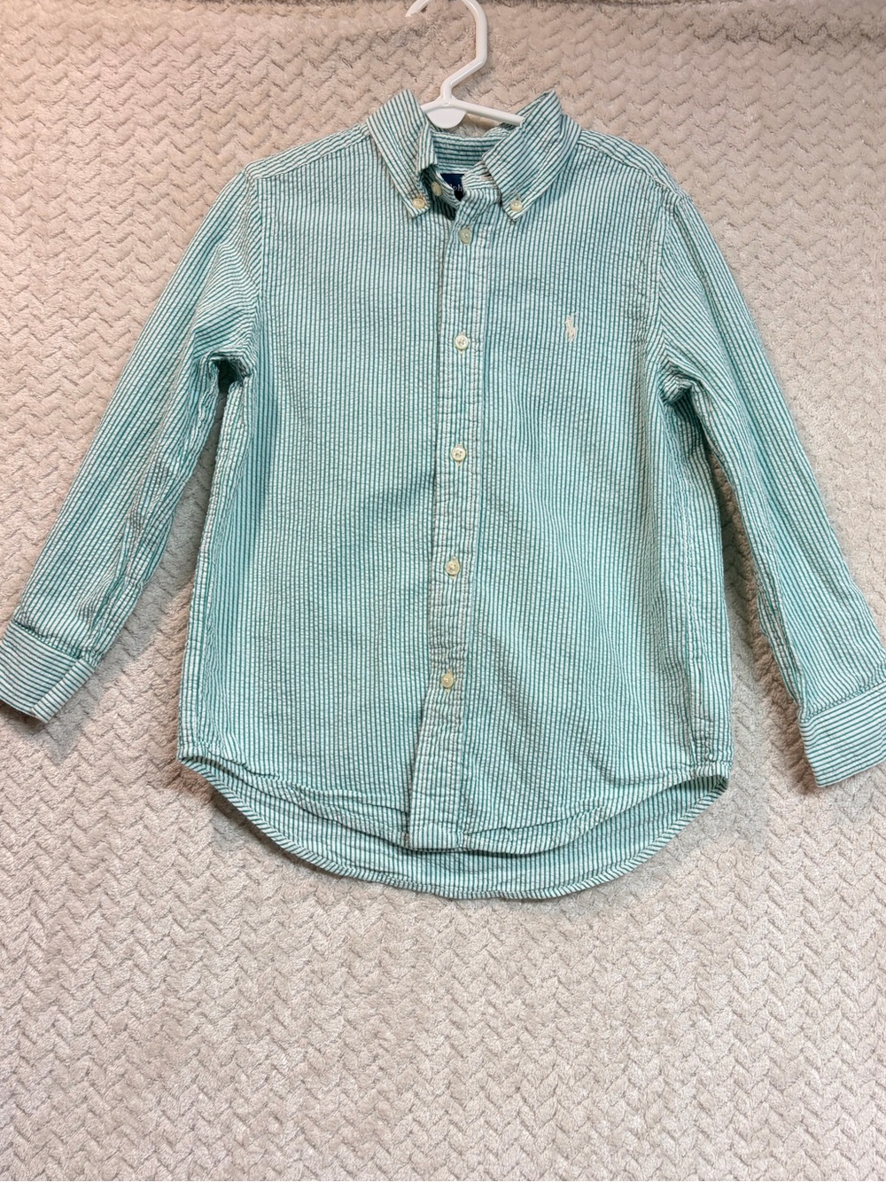 Ralph Lauren Seersucker Button Down Shirt Size 5 Green White Striped Boys Pony